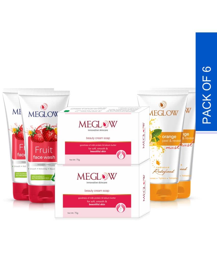Meglow Orange Peel & Reveal Mask (2x70g) + Fruit Facewash (2x70g) + Beauty Soap (2x75g)- Combo Pack