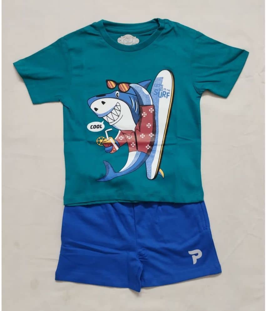 Cherry Tree Pack of 1 Boys Cotton Blend T-Shirt & Shorts Set ( Sea Green )