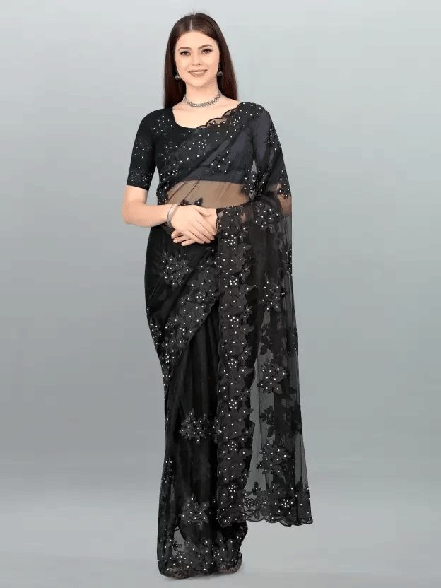     			JULEE - Black Net Saree With Blouse Piece ( Pack of 1 )