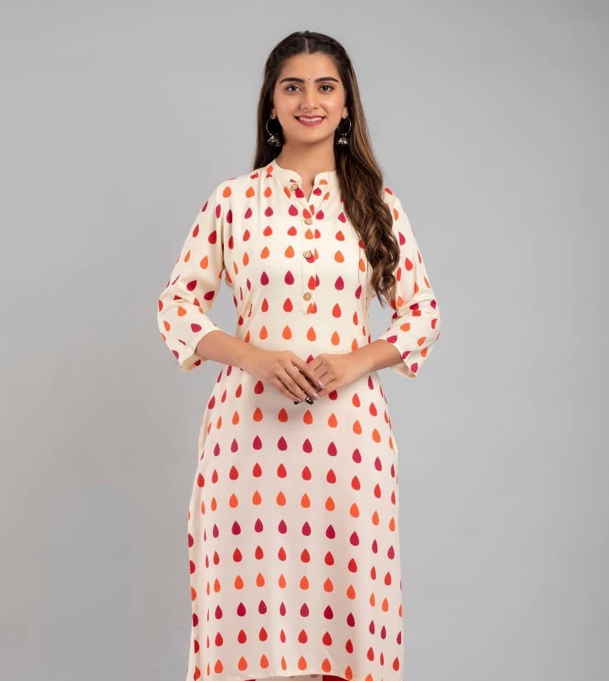 MAUKA - Cream Rayon Women's Straight Kurti ( Pack of 1 ) - Kurtis, Tunics | Buy online on ZillyBuy