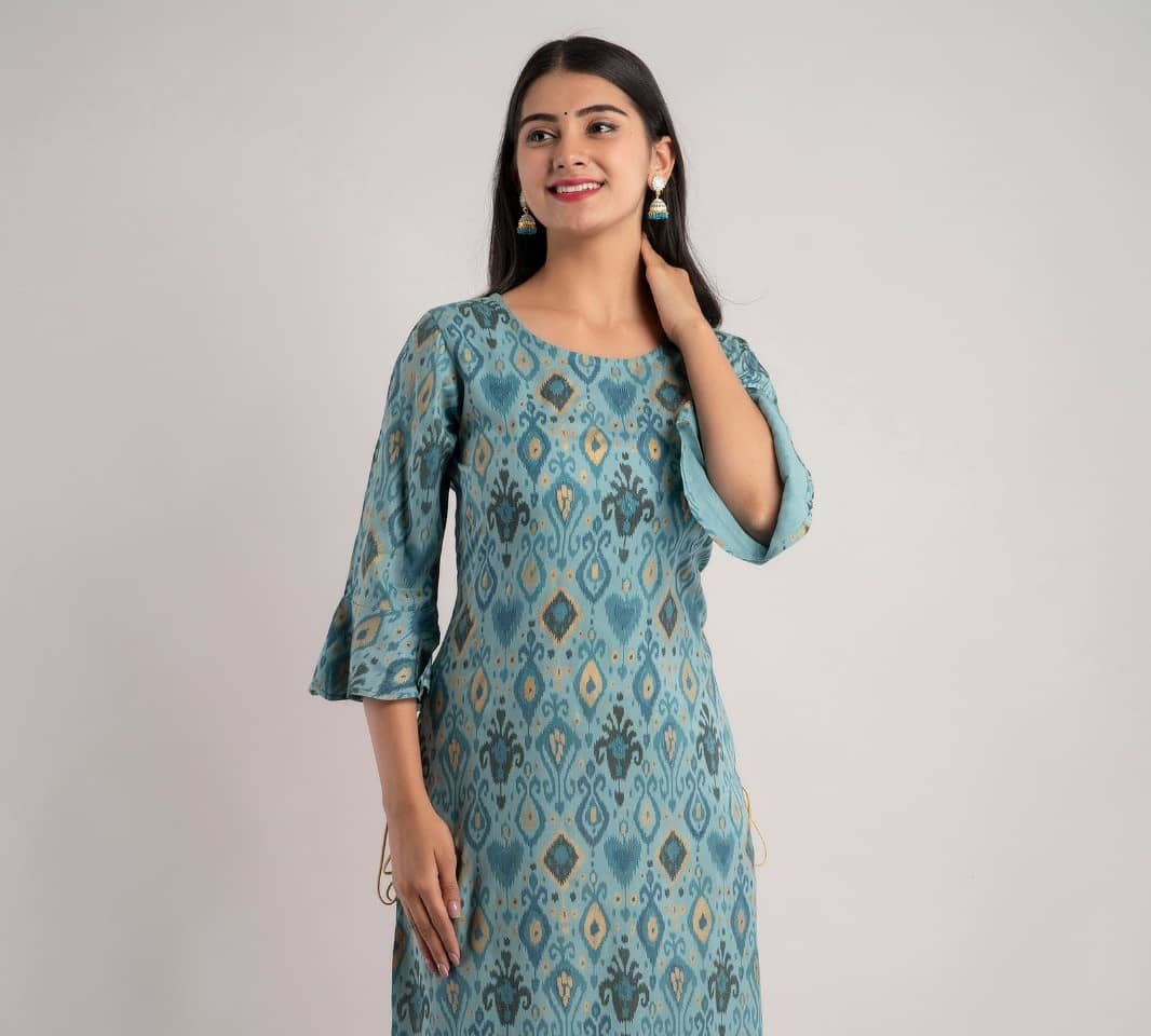MAUKA - Turquoise Rayon Women's Straight Kurti ( Pack of 1 ) - Kurtis, Tunics | Buy online on ZillyBuy