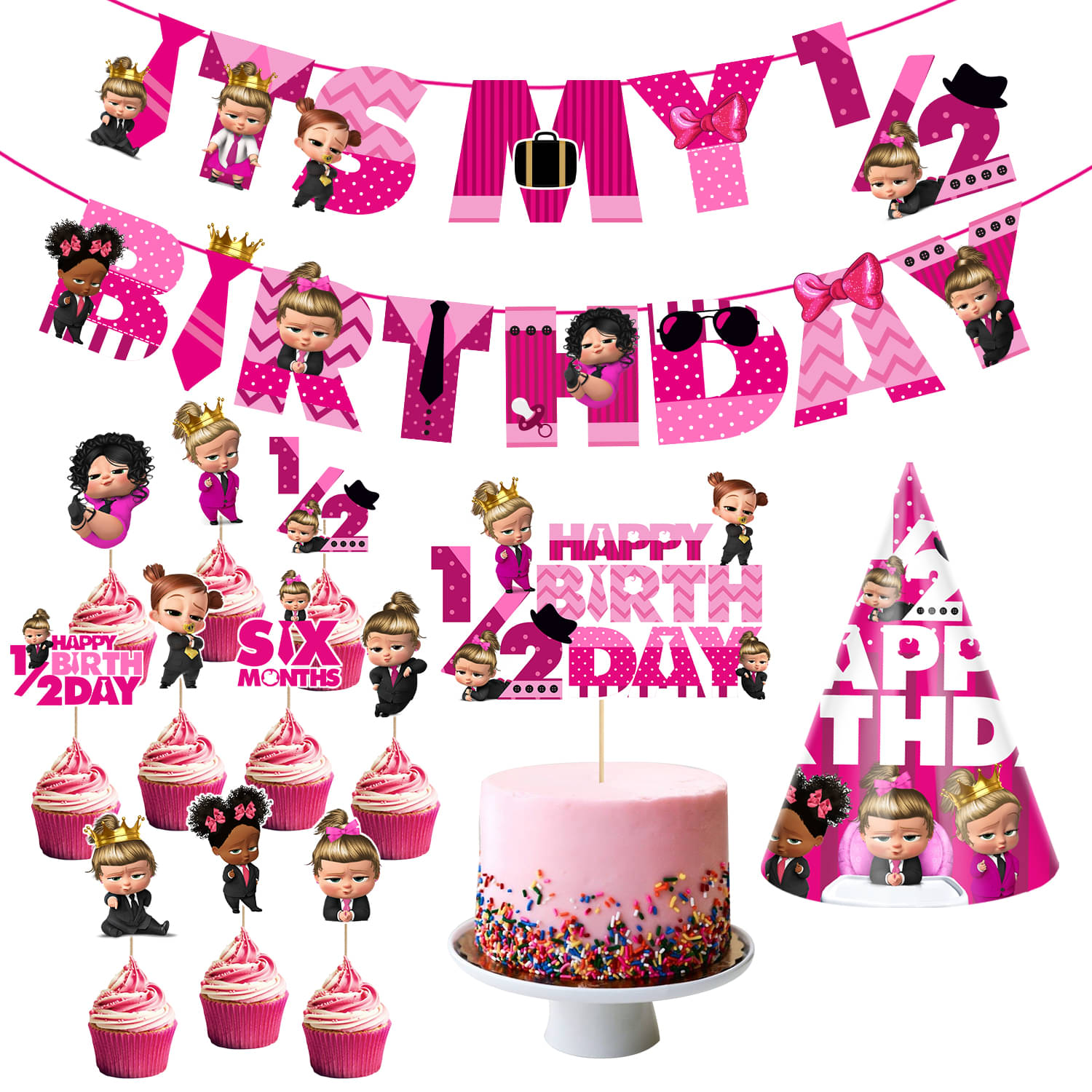     			Zyozi Baby Girl's Boss Half Birthday Theme Party Supplies for Girls Baby Half Birthday Decorations Favors with Banner,Cake Topper ,Birthday Cap and Cup Cake Toppers( Pack of 13)