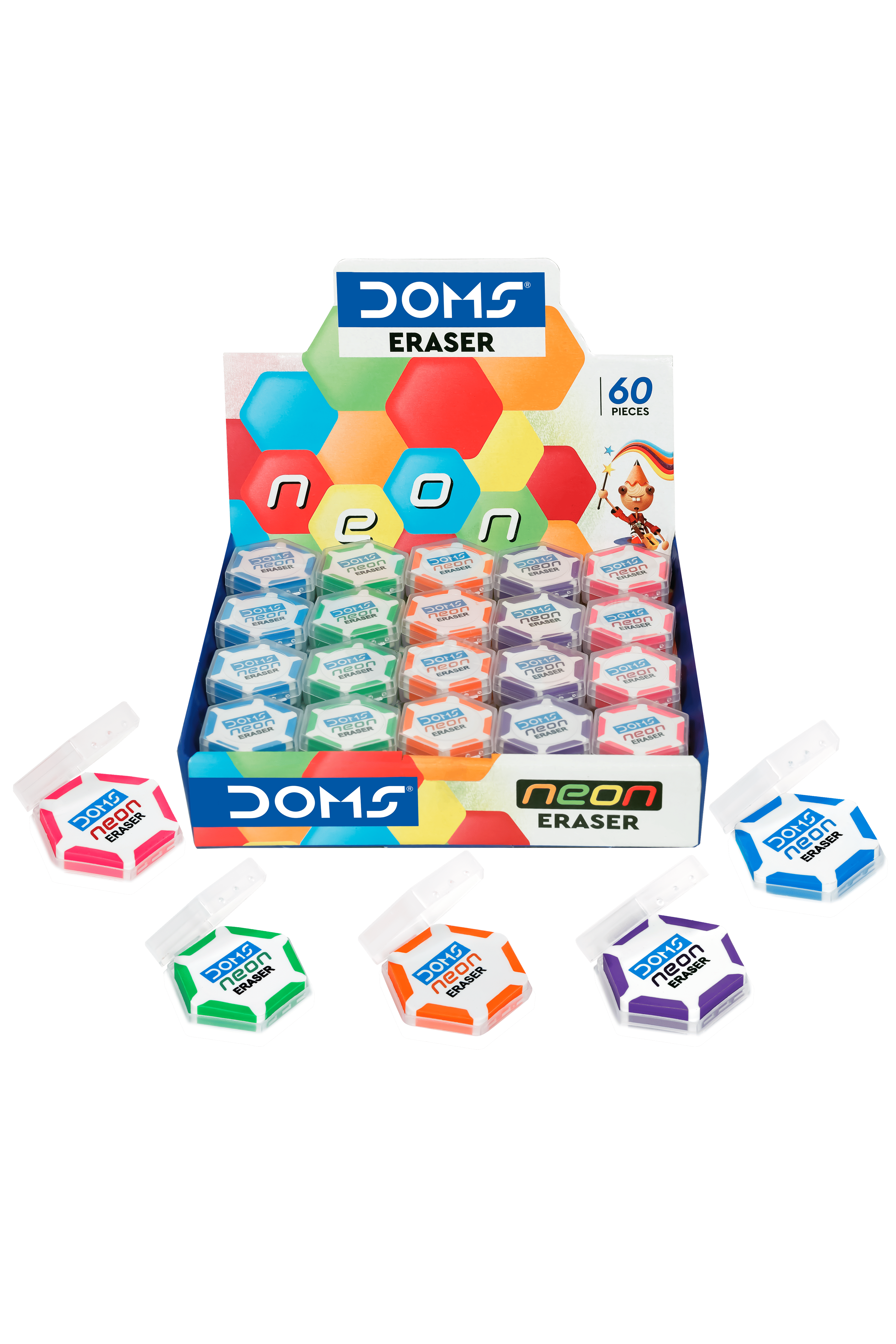 Doms Neon Hex Dust Free Eraser 60 Pcs - Stationery | Buy online on ZillyBuy