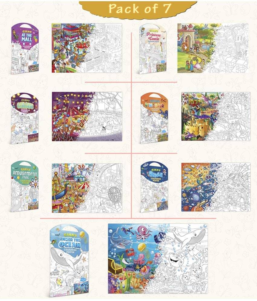    			GIANT AT THE MALL COLOURING , GIANT PRINCESS CASTLE COLOURING , GIANT CIRCUS COLOURING , GIANT DINOSAUR COLOURING , GIANT AMUSEMENT PARK COLOURING , GIANT SPACE COLOURING  and GIANT UNDER THE OCEAN COLOURING  | Set of 7