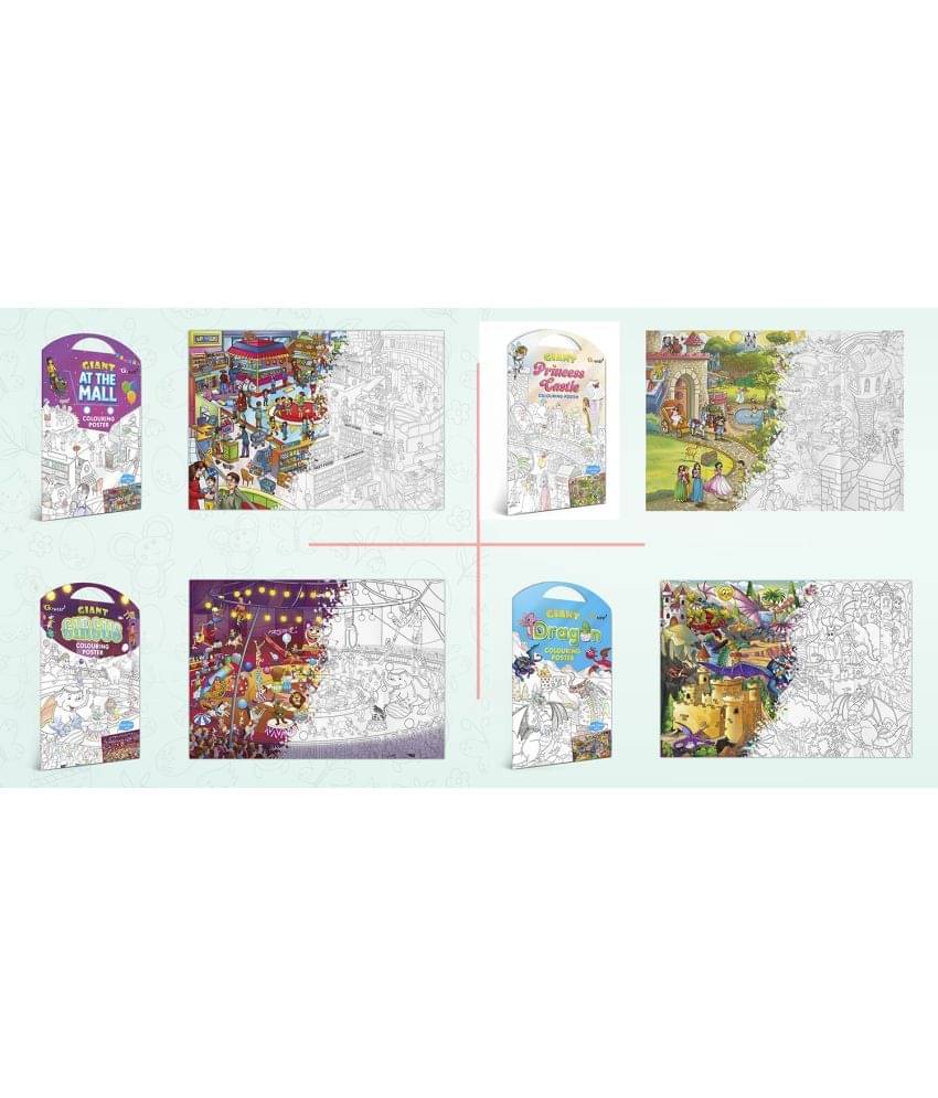 GIANT AT THE MALL COLOURING POSTER, GIANT PRINCESS CASTLE COLOURING POSTER, GIANT CIRCUS COLOURING POSTER and GIANT DRAGON COLOURING POSTER | Combo pack of 4 Posters I giant coloring posters for classroom GIANT AT THE MALL COLOURING POSTER, GIANT PRINCESS CASTLE COLOURING POSTER, GIANT CIRCUS COLOURING POSTER and GIANT DRAGON COLOURING POSTER | Combo pack of 4 Posters I giant coloring posters for classroom
