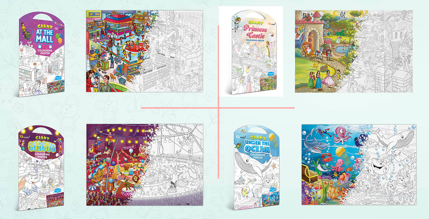     			GIANT AT THE MALL COLOURING POSTER, GIANT PRINCESS CASTLE COLOURING POSTER, GIANT CIRCUS COLOURING POSTER and GIANT UNDER THE OCEAN COLOURING POSTER | Combo pack of 4 Posters I giant coloring posters for classroom