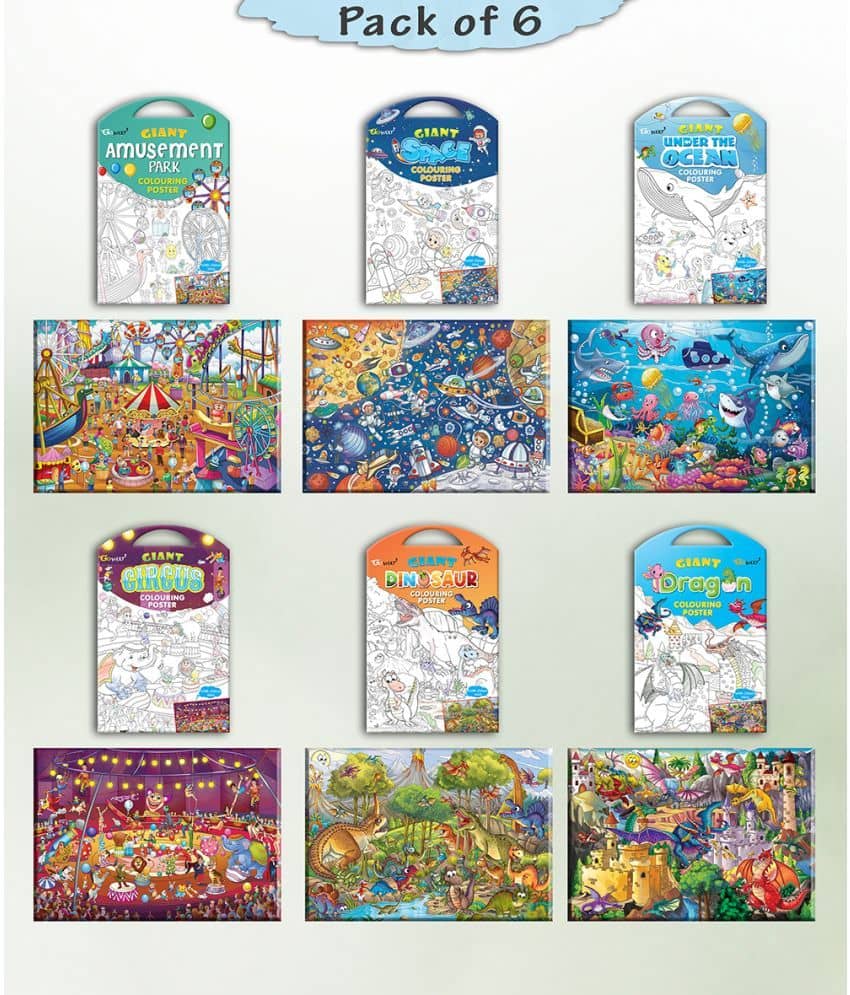 GIANT CIRCUS COLOURING , GIANT DINOSAUR COLOURING , GIANT AMUSEMENT PARK COLOURING , GIANT SPACE COLOURING , GIANT UNDER THE OCEAN COLOURING  and GIANT DRAGON COLOURING  | Combo of 6 s I Collection of most loved products for kids