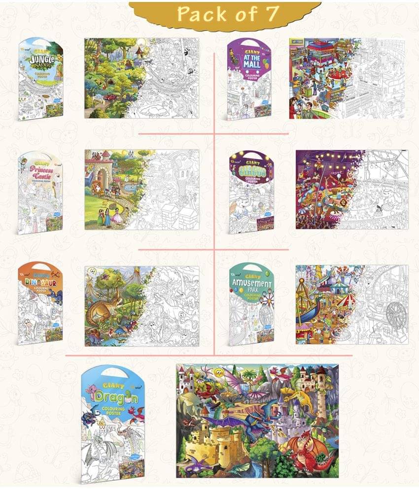     			GIANT JUNGLE SAFARI COLOURING , GIANT AT THE MALL COLOURING , GIANT PRINCESS CASTLE COLOURING , GIANT CIRCUS COLOURING , GIANT DINOSAUR COLOURING , GIANT AMUSEMENT PARK COLOURING  and GIANT DRAGON COLOURING  | Pack of 7