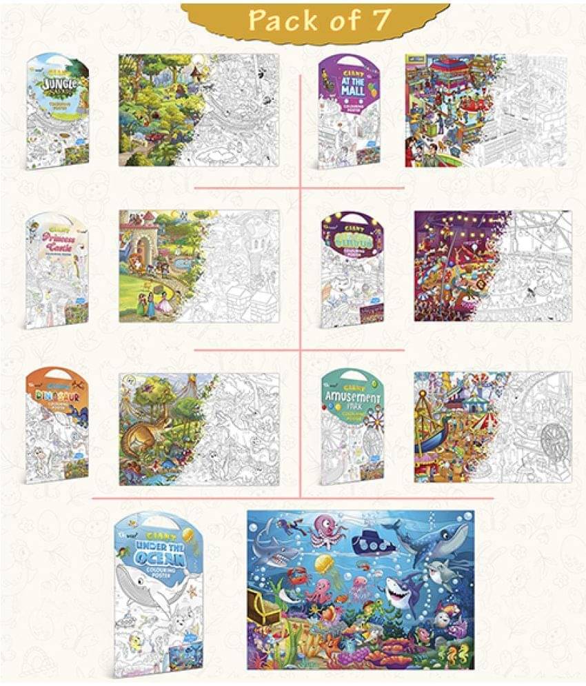     			GIANT JUNGLE SAFARI COLOURING , GIANT AT THE MALL COLOURING , GIANT PRINCESS CASTLE COLOURING , GIANT CIRCUS COLOURING , GIANT DINOSAUR COLOURING , GIANT AMUSEMENT PARK COLOURING  and GIANT UNDER THE OCEAN COLOURING  | Pack of 7