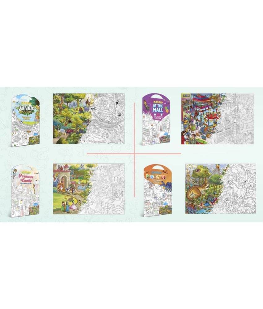     			GIANT JUNGLE SAFARI COLOURING POSTER, GIANT AT THE MALL COLOURING POSTER, GIANT PRINCESS CASTLE COLOURING POSTER and GIANT DINOSAUR COLOURING POSTER | Combo of 4 Posters I Giant Coloring Posters Pack
