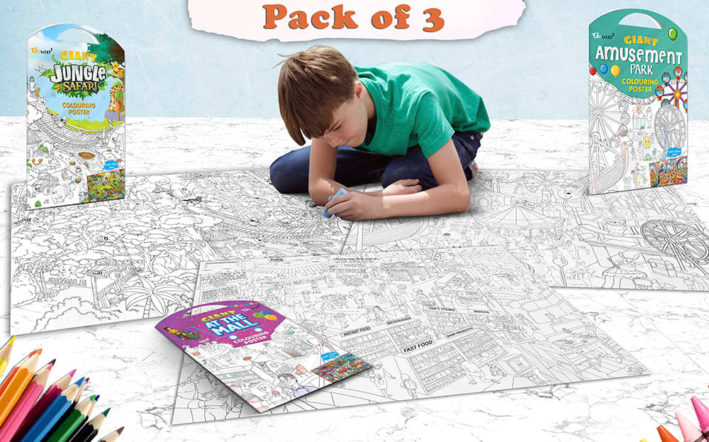 GIANT JUNGLE SAFARI COLOURING POSTER, GIANT AT THE MALL COLOURING POSTER and GIANT AMUSEMENT PARK COLOURING POSTER | Combo of 3 Posters I Coloring poster sets for children GIANT JUNGLE SAFARI COLOURING POSTER, GIANT AT THE MALL COLOURING POSTER and GIANT AMUSEMENT PARK COLOURING POSTER | Combo of 3 Posters I Coloring poster sets for children