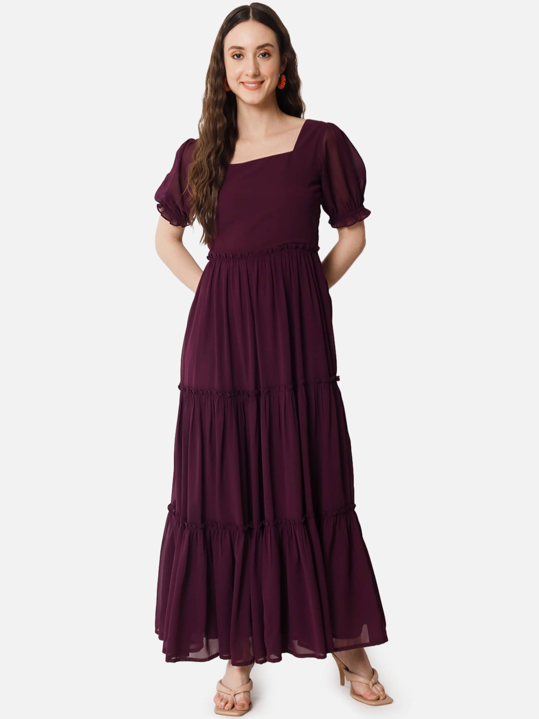     			JASH CREATION Women Georgette Solid Fit & Flare Dress ( Wine )