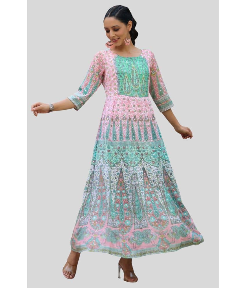 Juniper Women Georgette Printed Ethnic Dress ( Peach )