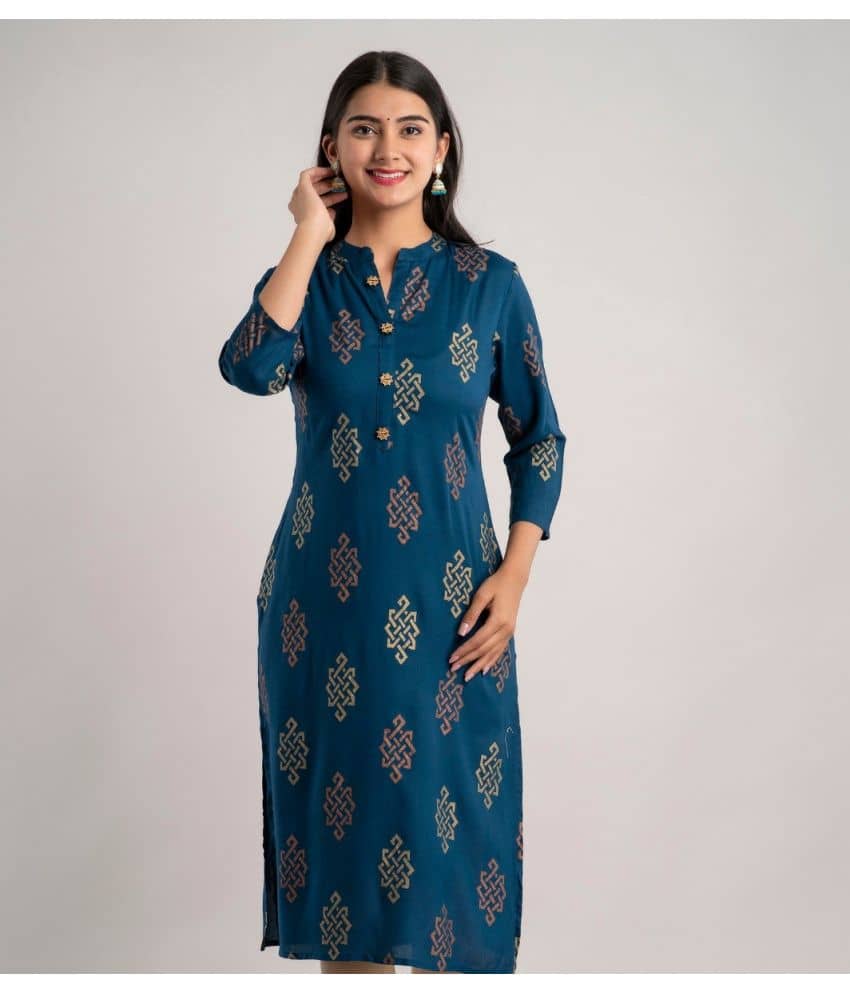 MAUKA - Blue Rayon Women's Straight Kurti ( Pack of 1 ) - Kurtis, Tunics | Buy online on ZillyBuy