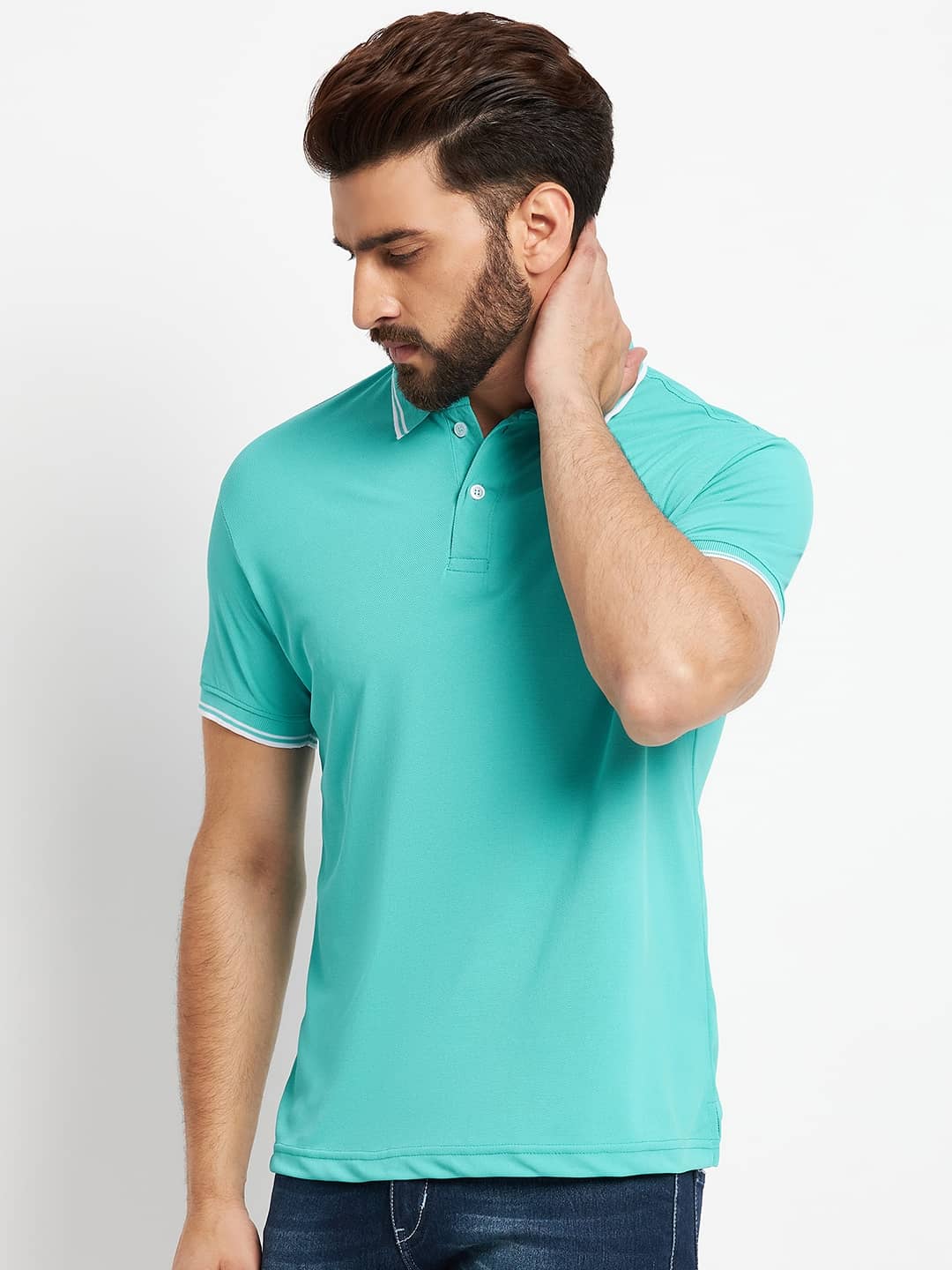 RELANE Pack of 1 Cotton Blend Regular Fit Solid Half Sleeves Men's Polo T Shirt ( Aqua )