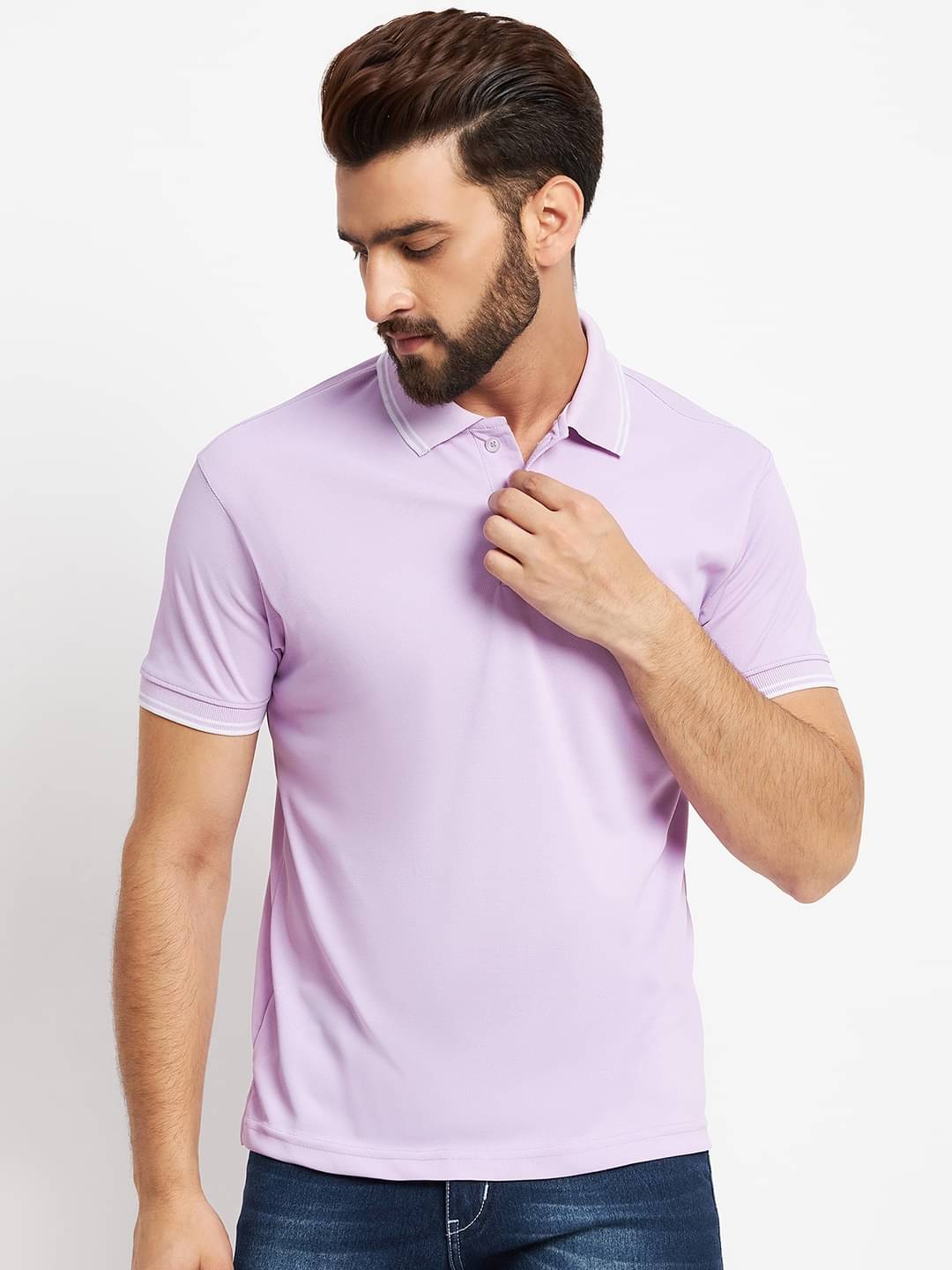 RELANE Pack of 1 Cotton Blend Regular Fit Solid Half Sleeves Men's Polo T Shirt ( Lavender ) RELANE Pack of 1 Cotton Blend Regular Fit Solid Half Sleeves Men's Polo T Shirt ( Lavender )