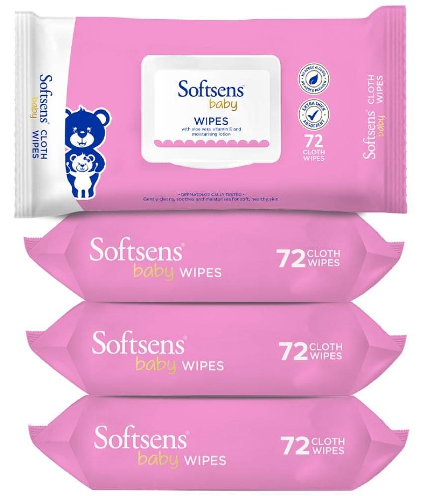 Softsens Baby Gentle Cloth Wipes Enriched with Aloe Vera , Vitamin, 72 Wipes, Pack of 4 Softsens Baby Gentle Cloth Wipes Enriched with Aloe Vera , Vitamin, 72 Wipes, Pack of 4