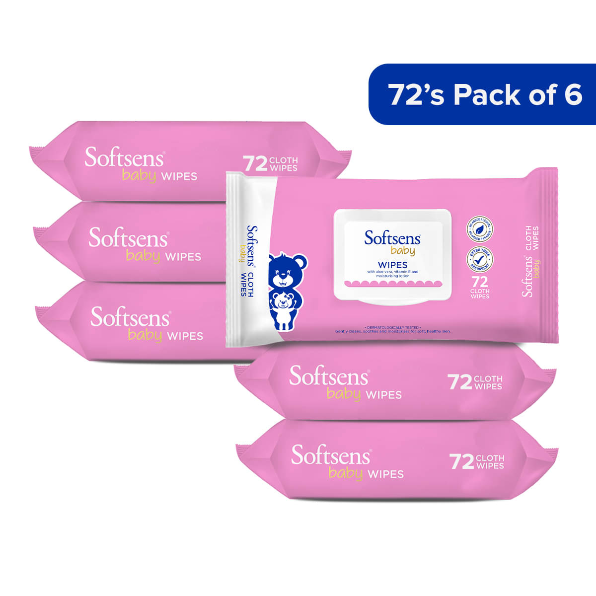     			Softsens Baby Gentle Cloth Wipes Enriched with Aloe Vera , Vitamin, 72 Wipes, Pack of 6