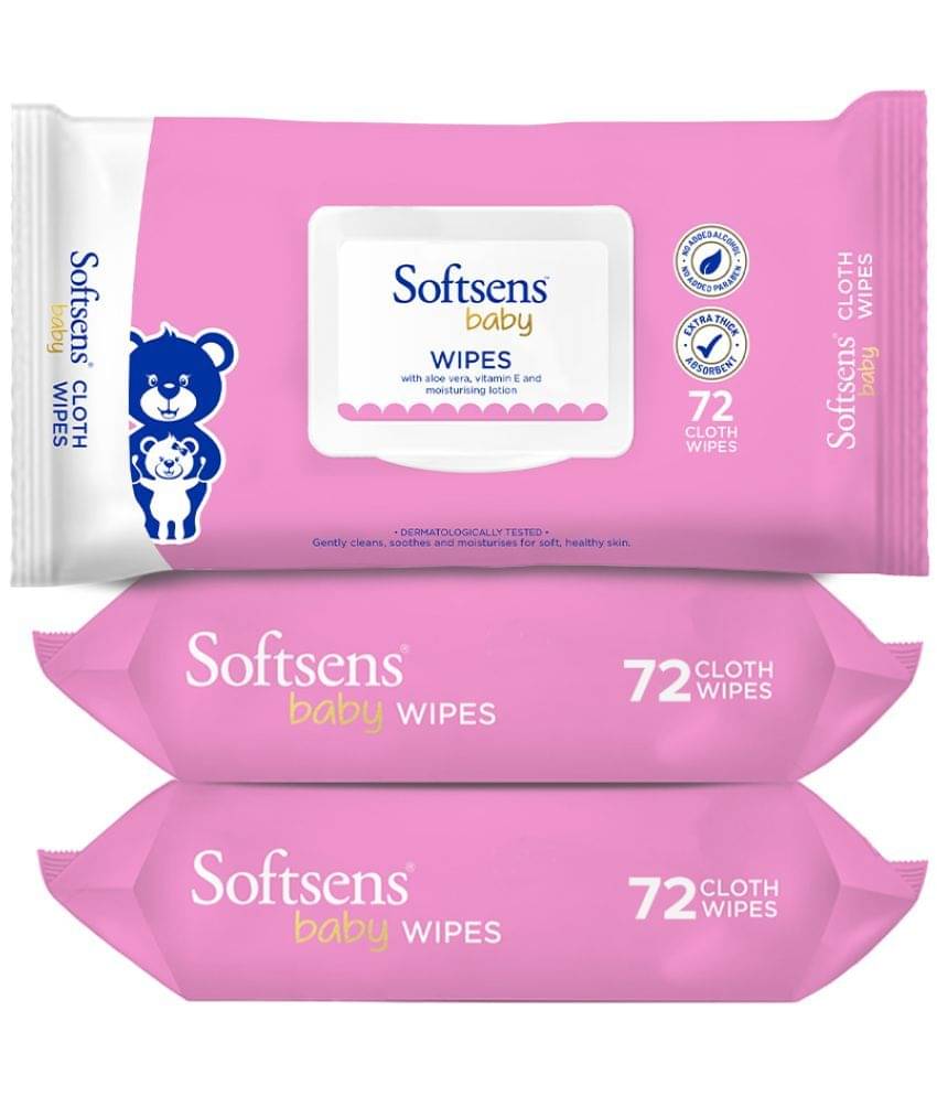 Softsens Baby Gentle Cloth Wipes Enriched with Aloe Vera , Vitamin, 72 Wipes, Pack of 3 Softsens Baby Gentle Cloth Wipes Enriched with Aloe Vera , Vitamin, 72 Wipes, Pack of 3