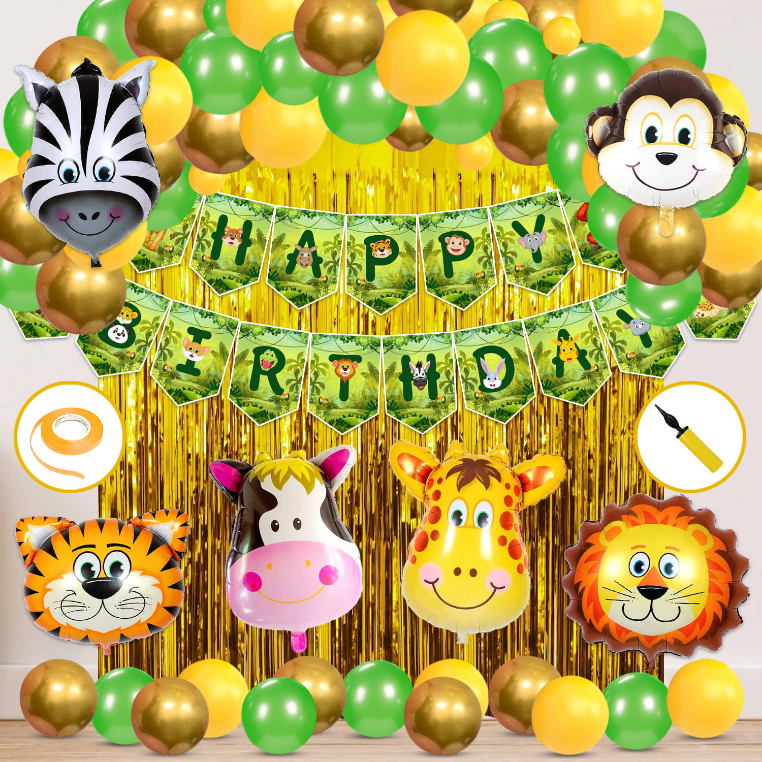     			Zyozi Jungle Safari Happy Birthday Decoration Kids,Animal Birthday Party Decoration Banner with Balloons,Hand Balloon Pump,Foil Curtain and Foil Balloons for Boy(Pack of 56) (Jungle Combo 1)