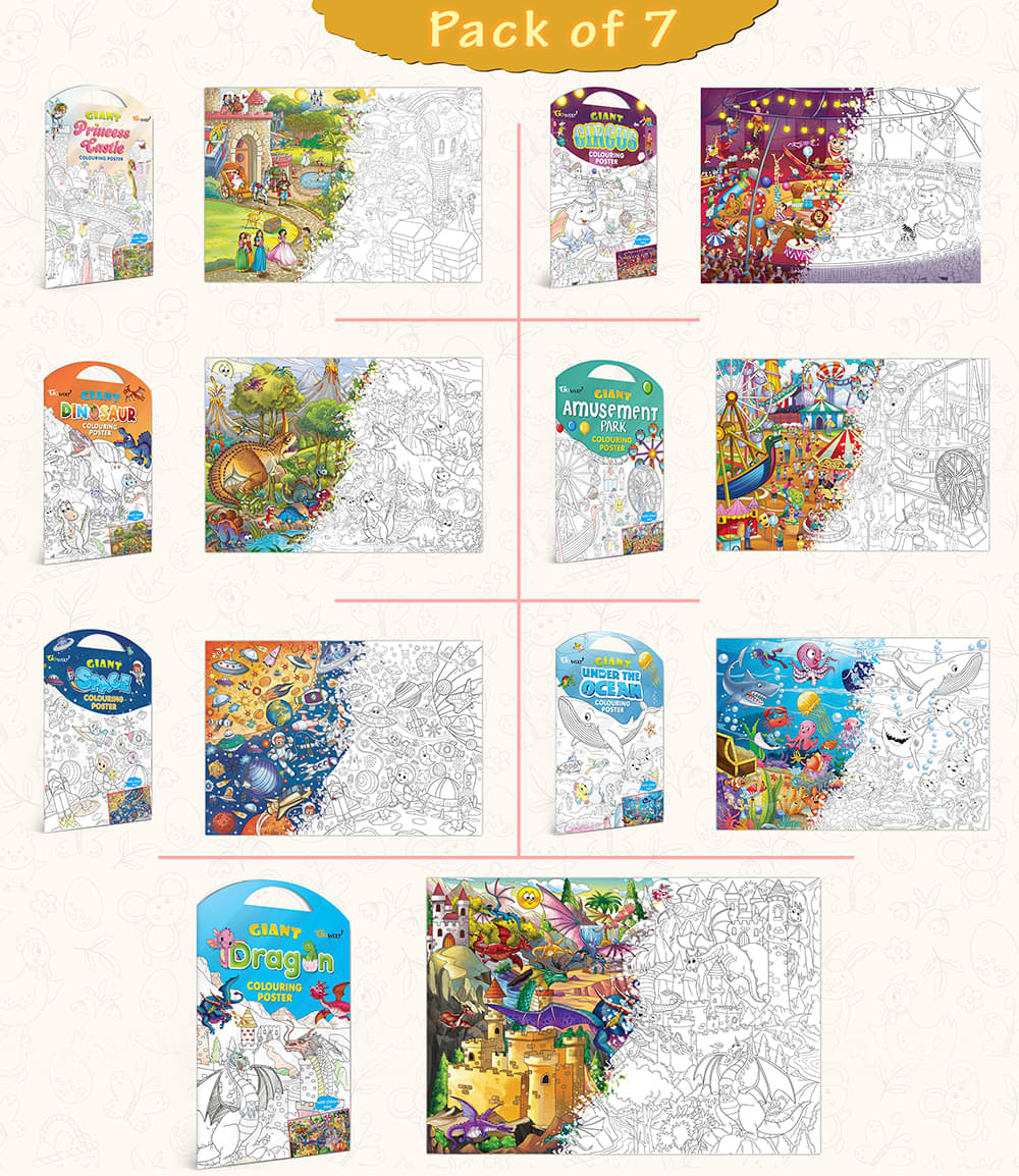     			GIANT PRINCESS CASTLE COLOURING , GIANT CIRCUS COLOURING , GIANT DINOSAUR COLOURING , GIANT AMUSEMENT PARK COLOURING , GIANT SPACE COLOURING , GIANT UNDER THE OCEAN COLOURING  and GIANT DRAGON COLOURING  | Set of 7 s I Must try activity for Kids