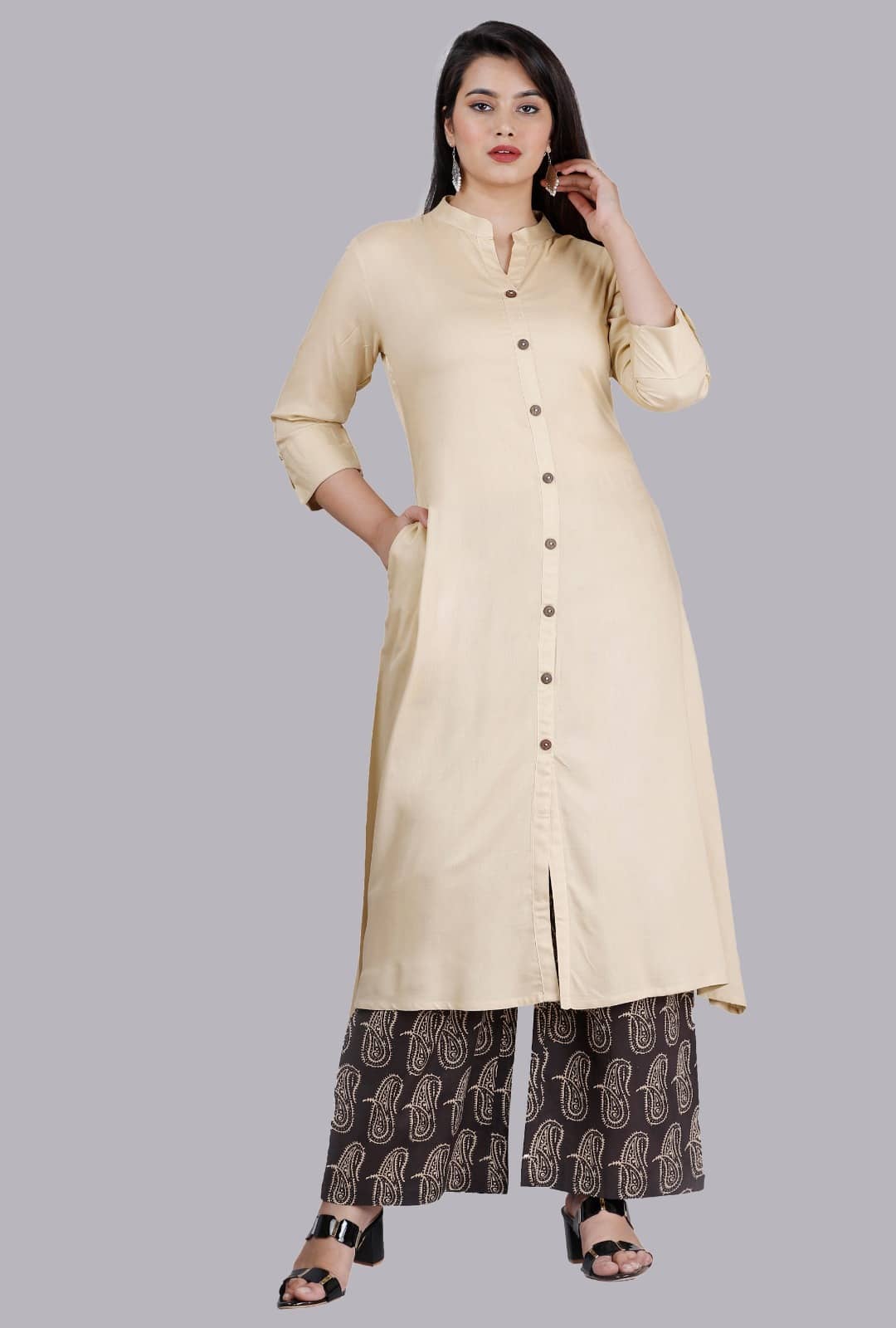 MAUKA - Cream Front Slit Rayon Women's Stitched Salwar Suit ( Pack of 1 )