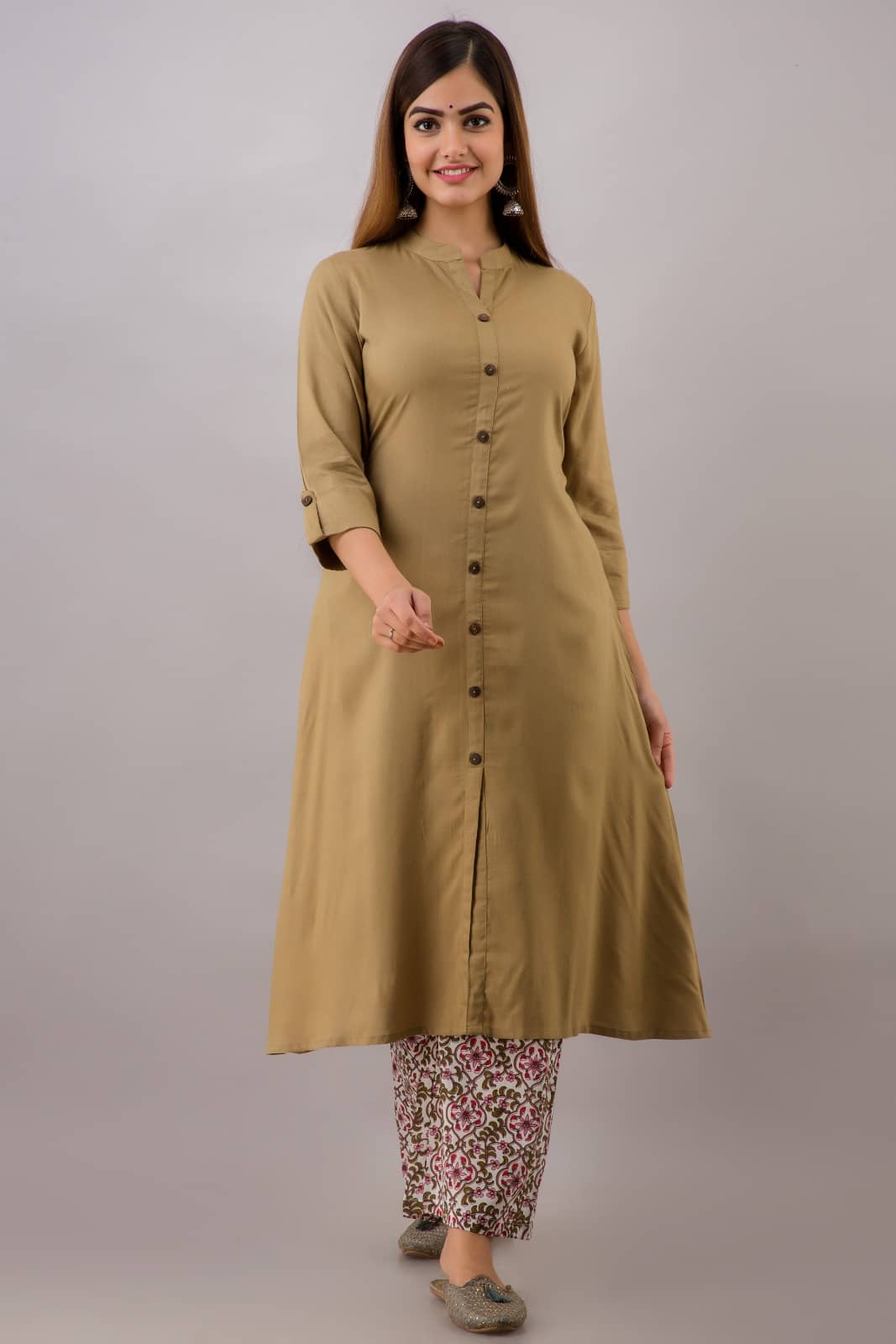 MAUKA - Khaki Front Slit Rayon Women's Stitched Salwar Suit ( Pack of 1 )