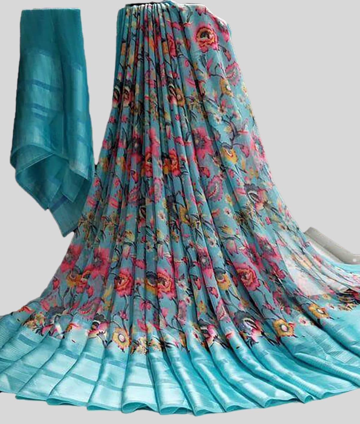 Sitanjali Banarasi Silk Printed Saree With Unstitched Blouse Piece ( SkyBlue ) - Sarees | Buy online on ZillyBuy