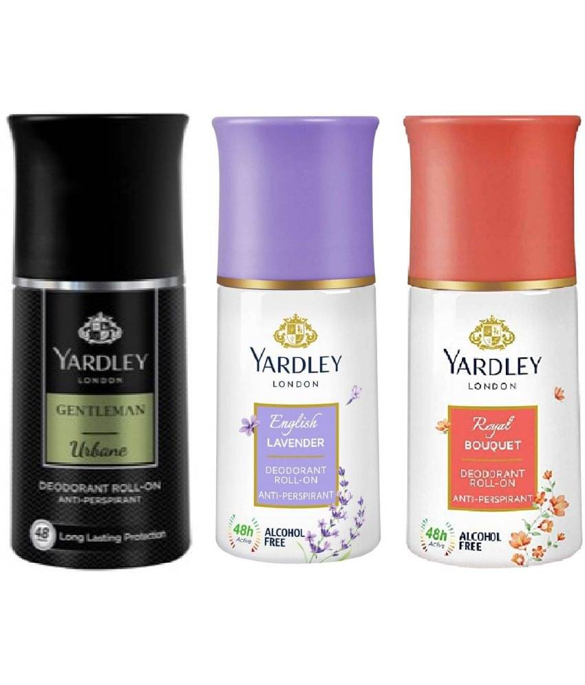 Yardley London - URBAN ,ENGLISH LAVANDER,&ROYAL BOUQUTE Deodorant Roll-ons for Men,Women 150 ml ( Pack of 3 )     			Yardley London - URBAN ,ENGLISH LAVANDER,&ROYAL BOUQUTE Deodorant Roll-ons for Men,Women 150 ml ( Pack of 3 )