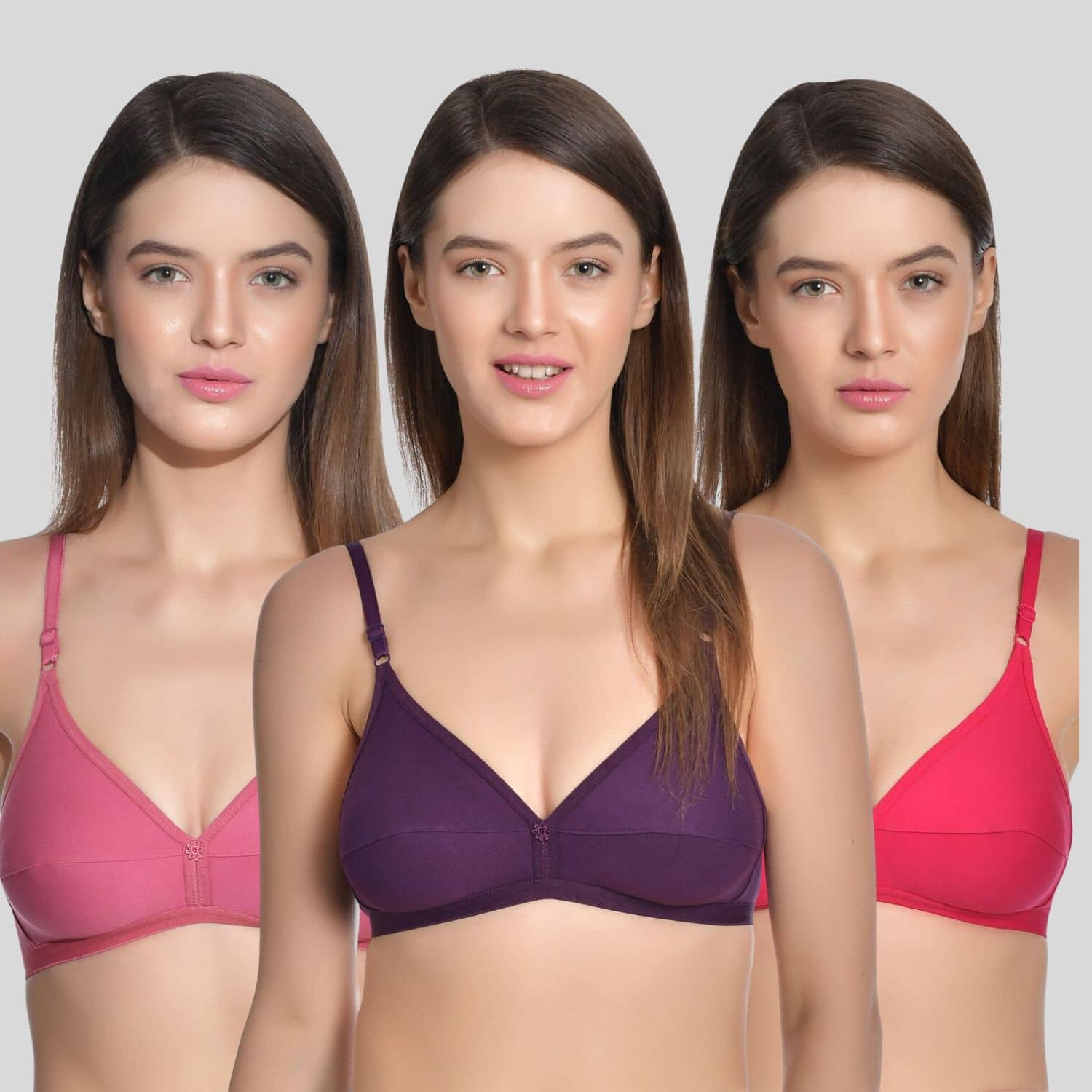 AIMLY Pack of 3 Cotton Non Padded Women's Everyday Bra ( Fluorescent Pink )