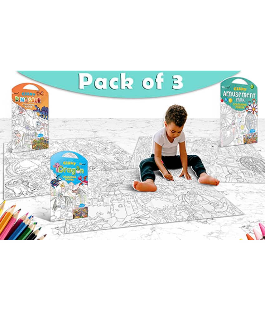 GIANT DINOSAUR COLOURING POSTER, GIANT AMUSEMENT PARK COLOURING POSTER and GIANT DRAGON COLOURING POSTER | Combo of 3 Posters I Giant Coloring Posters Value Pack