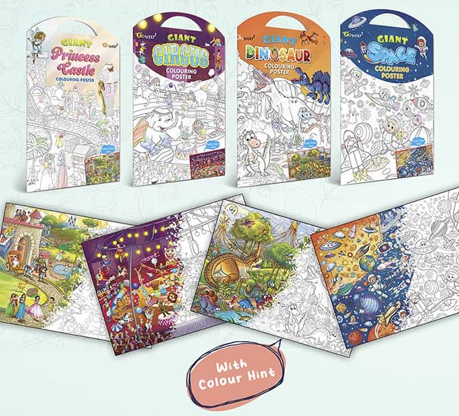 GIANT PRINCESS CASTLE COLOURING POSTER, GIANT CIRCUS COLOURING POSTER, GIANT DINOSAUR COLOURING POSTER and GIANT SPACE COLOURING POSTER | Combo pack of 4 Posters I large colouring posters for adults