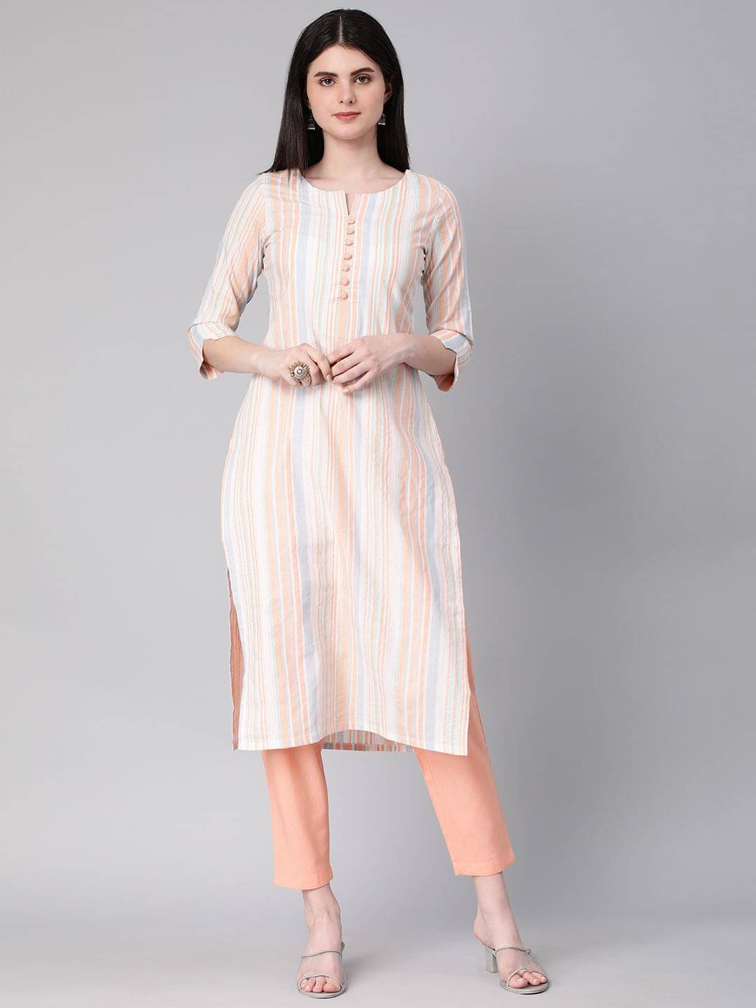 Hritika - Peach Straight Cotton Blend Women's Stitched Salwar Suit ( Pack of 1 ) Hritika - Peach Straight Cotton Blend Women's Stitched Salwar Suit ( Pack of 1 )
