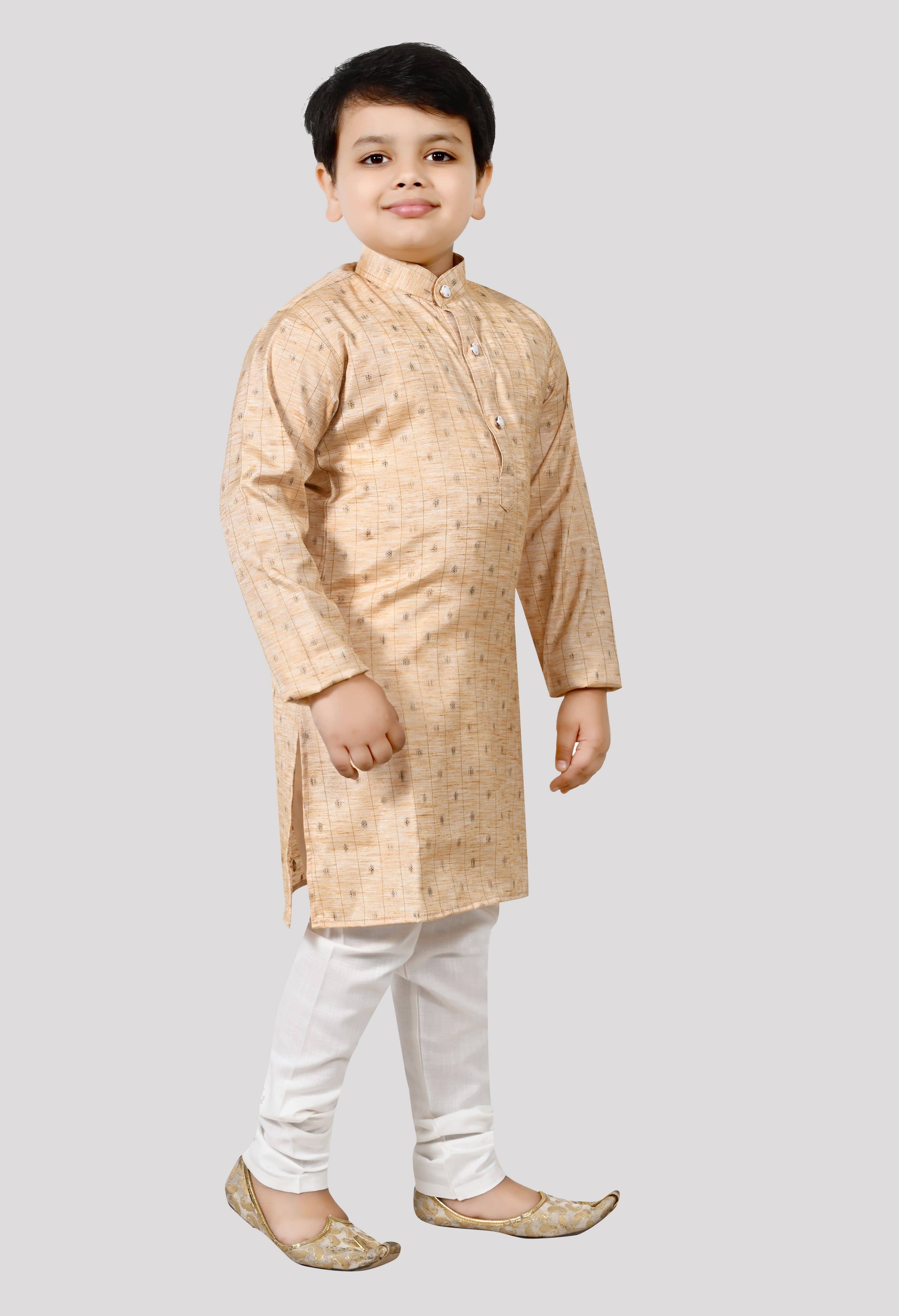 Arshia Fashions Boys Cotton Blend Textured - Pattern Kurta Pant Set ( Gold , Pack of 1 ) - Kurtas & Kurta Sets | Buy online on ZillyBuy
