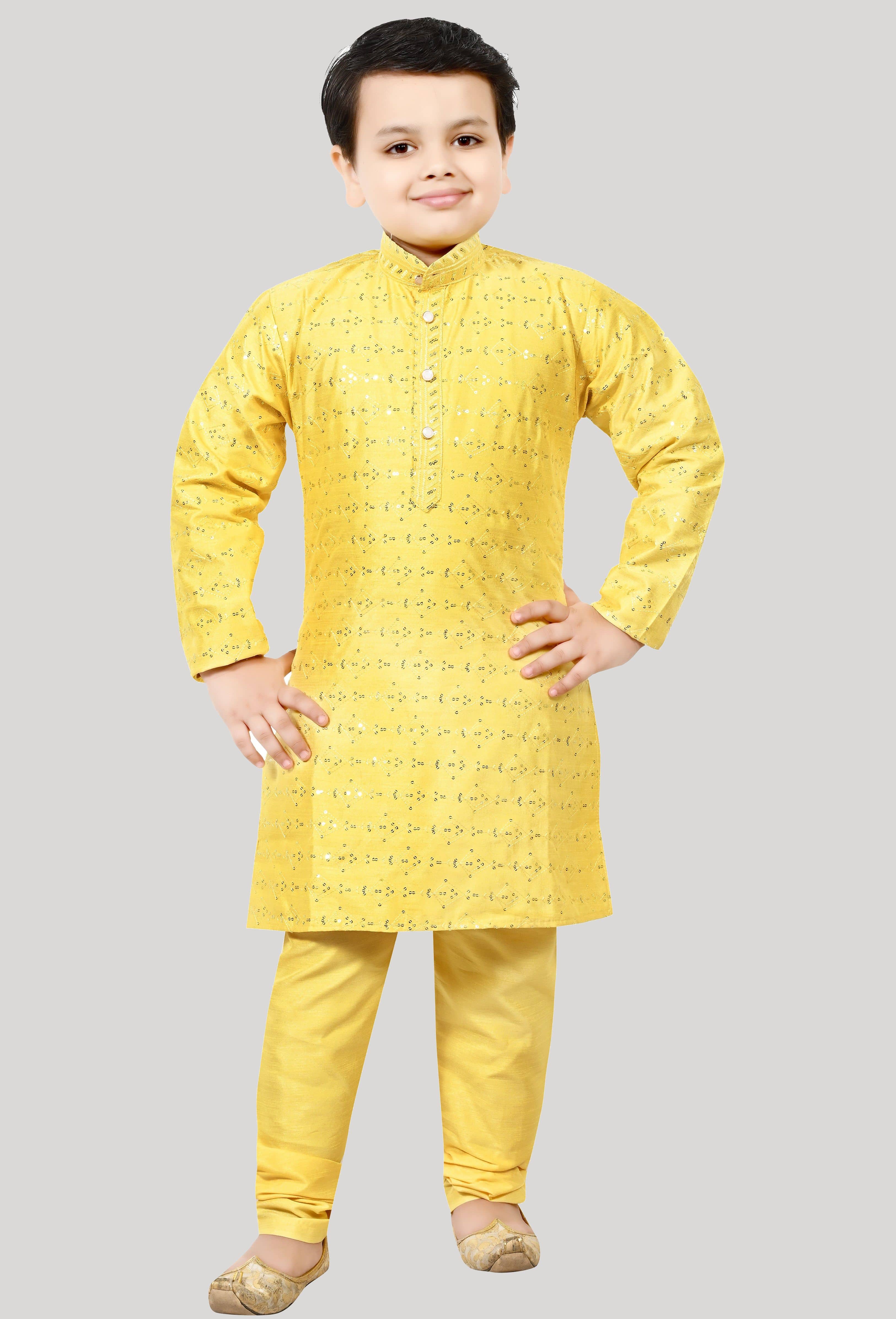 Arshia Fashions Boys Silk Sequined - Pattern Kurta Pant Set ( Yellow , Pack of 1 ) - Kurtas & Kurta Sets | Buy online on ZillyBuy