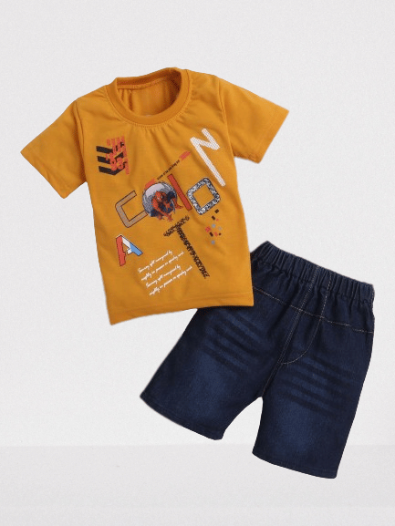     			DKGF Fashion Pack of 1 Baby Boys Cotton T-Shirt & Shorts ( Mustard )