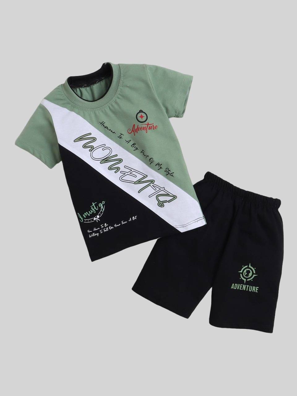     			Fourfolds Pack of 1 Boys Cotton Blend T-Shirt & Shorts Set ( Green )