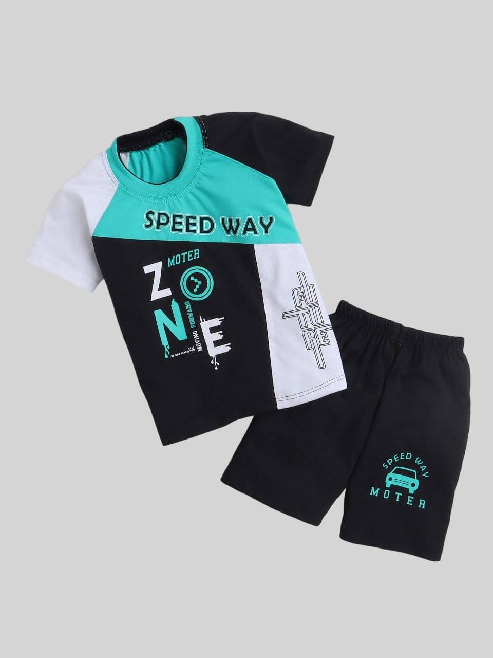    			Fourfolds Pack of 1 Boys Cotton Blend T-Shirt & Shorts Set ( Green )