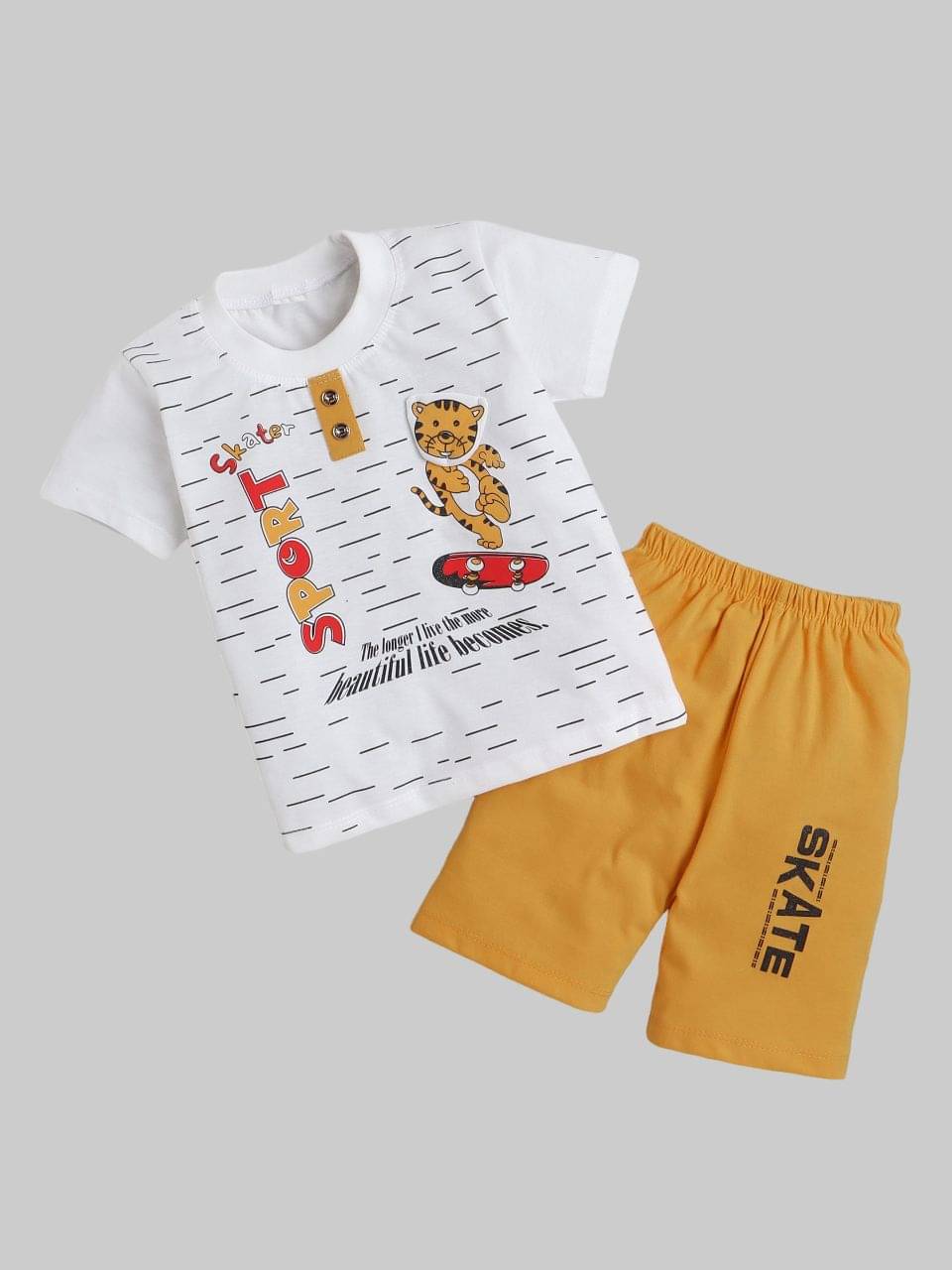 Fourfolds Pack of 1 Boys Cotton Blend T-Shirt & Shorts Set ( Mustard )     			Fourfolds Pack of 1 Boys Cotton Blend T-Shirt & Shorts Set ( Mustard )