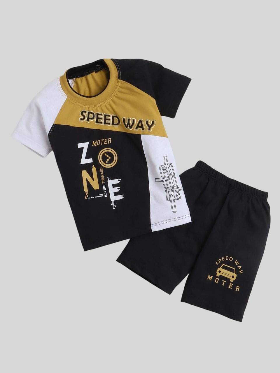     			Fourfolds Pack of 1 Boys Cotton Blend T-Shirt & Shorts Set ( Mustard )