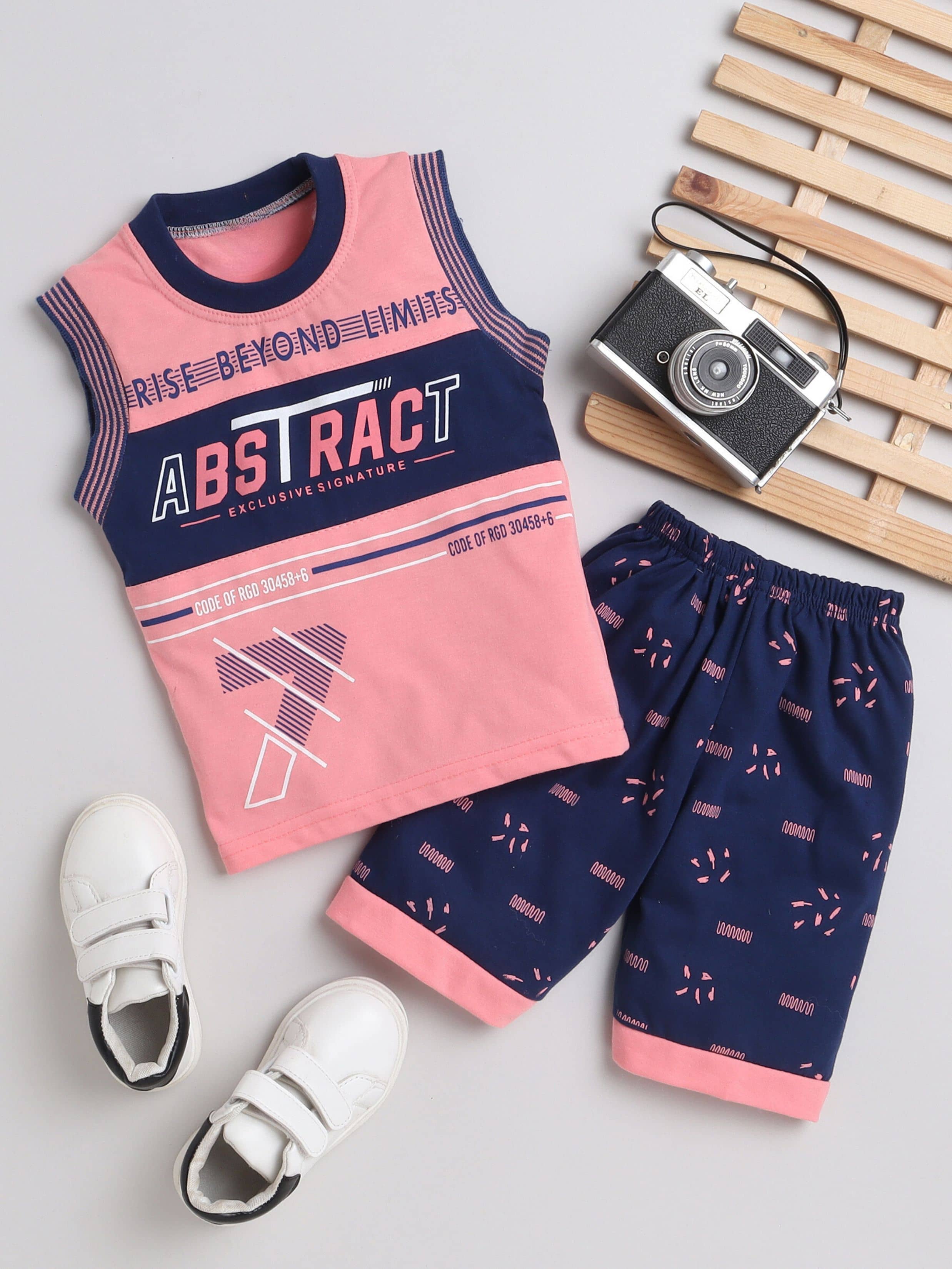 Fourfolds Pack of 1 Boys Cotton T-Shirt & Shorts Set ( Pink )