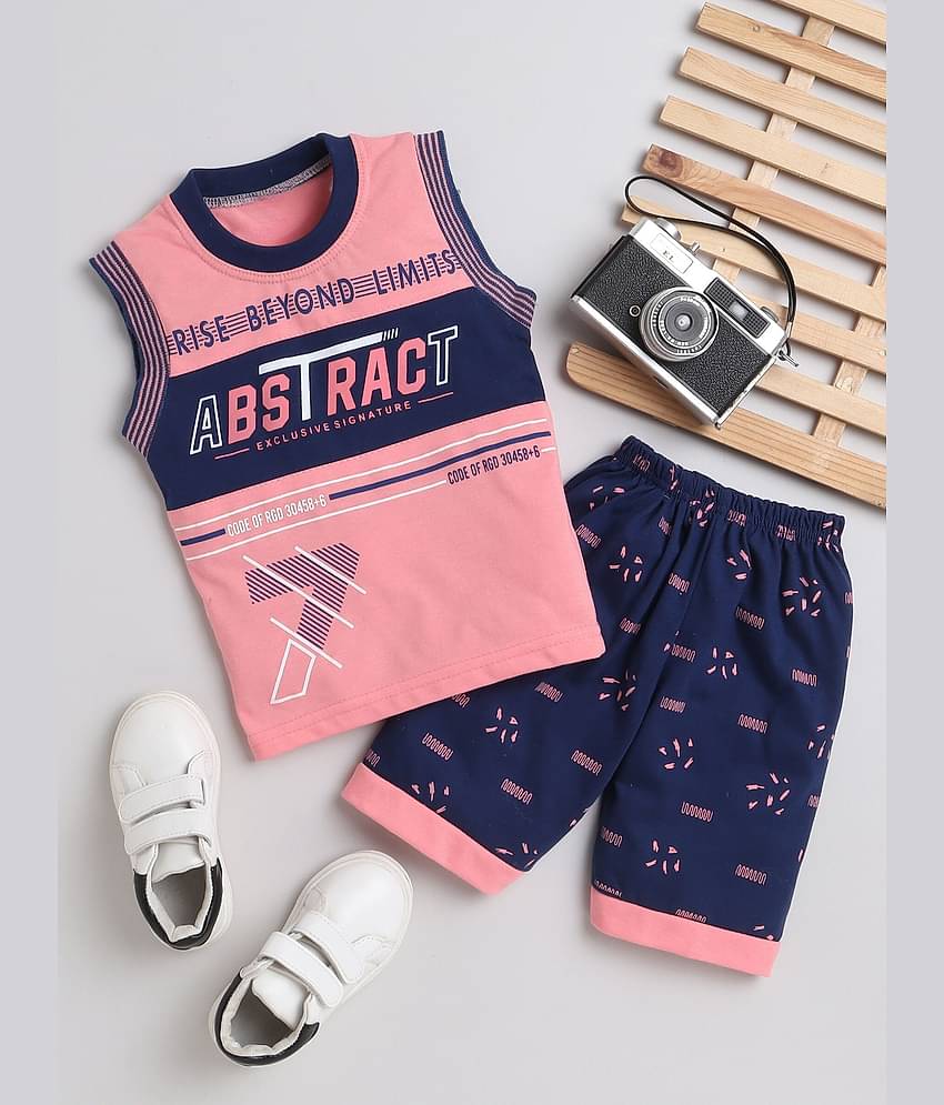 Fourfolds Pack of 1 Boys Cotton T-Shirt & Shorts Set ( Pink )