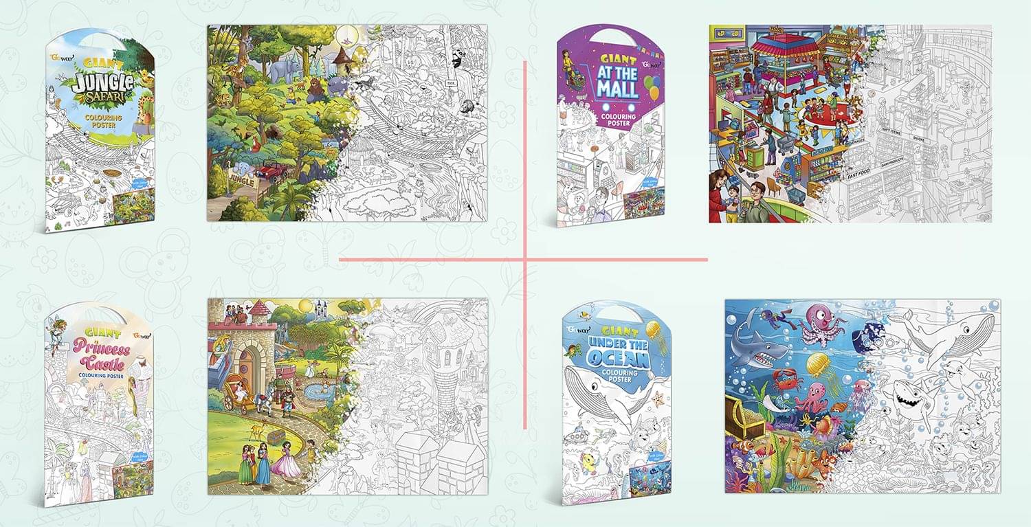 GIANT JUNGLE SAFARI COLOURING POSTER, GIANT AT THE MALL COLOURING POSTER, GIANT PRINCESS CASTLE COLOURING POSTER and GIANT UNDER THE OCEAN COLOURING POSTER | Combo of 4 Posters I kids giant posters to color     			GIANT JUNGLE SAFARI COLOURING POSTER, GIANT AT THE MALL COLOURING POSTER, GIANT PRINCESS CASTLE COLOURING POSTER and GIANT UNDER THE OCEAN COLOURING POSTER | Combo of 4 Posters I kids giant posters to color