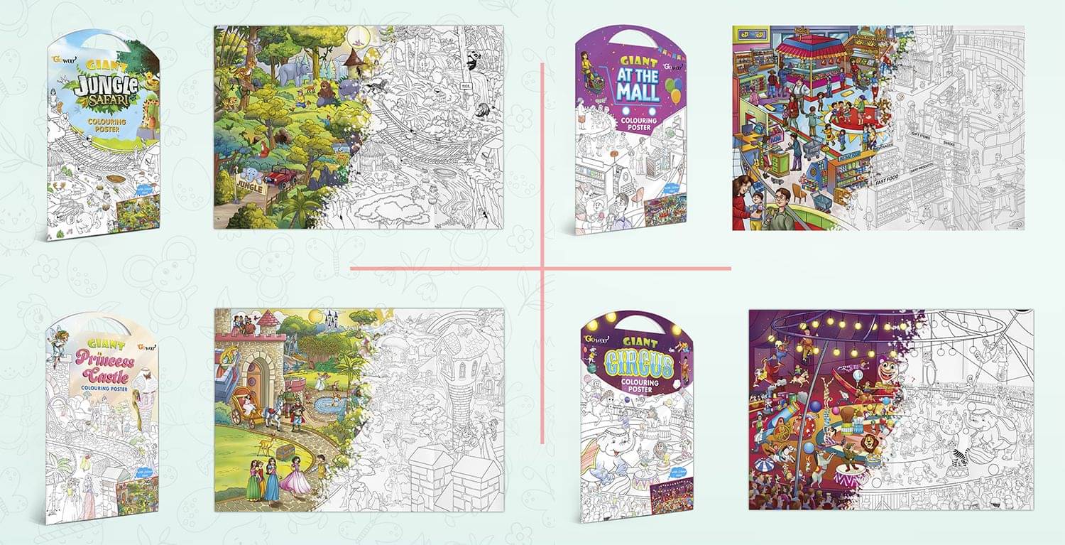     			GIANT JUNGLE SAFARI COLOURING POSTER, GIANT AT THE MALL COLOURING POSTER, GIANT PRINCESS CASTLE COLOURING POSTER and GIANT CIRCUS COLOURING POSTER | Combo of 4 Posters I Giant Coloring Posters  lavish  Pack