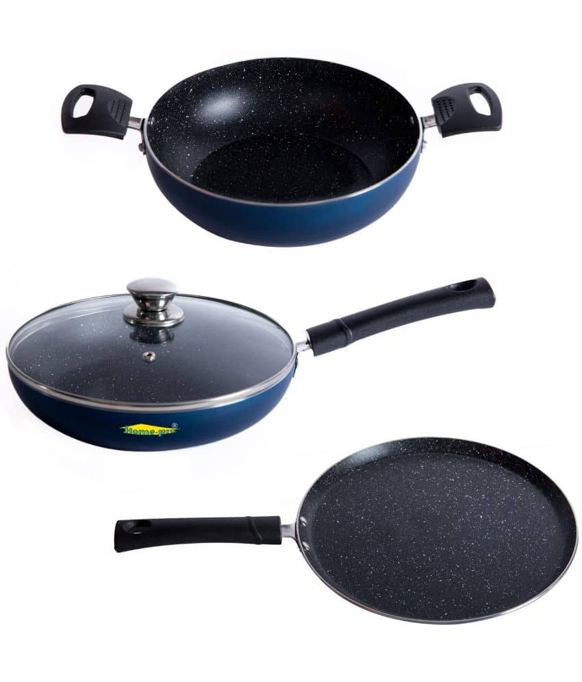HomePro Non-Stick Set, Kadai 24.5 cm, Fry Pan 23 cm with Glass Lid, Dosa Tawa 27 cm (Pack of 3) - Cookware | Buy online on ZillyBuy