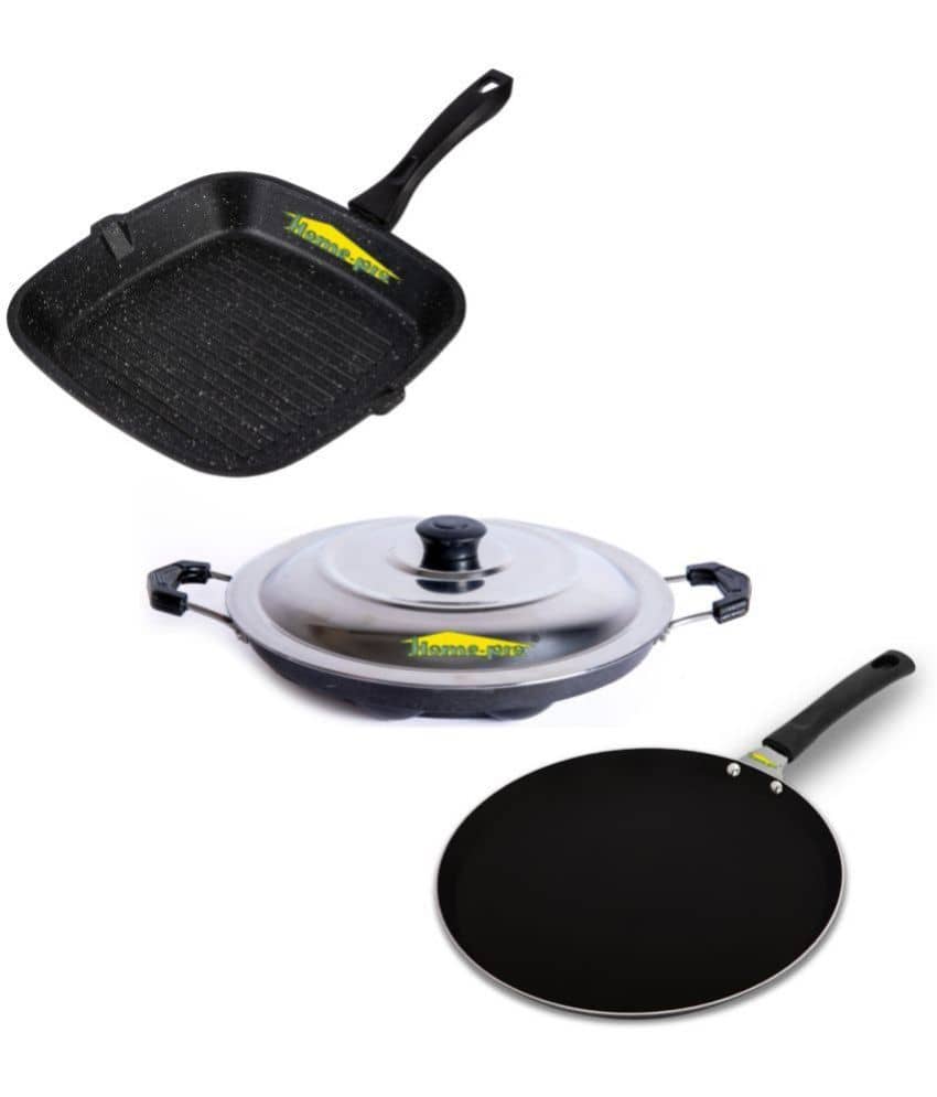 HomePro Non-Stick Set,Grill Pan 26 cm, Black Dosa Tawa 28 cm. Black Appam with Steel Lid 12 Cavity (Pack of 3) - Cookware | Buy online on ZillyBuy