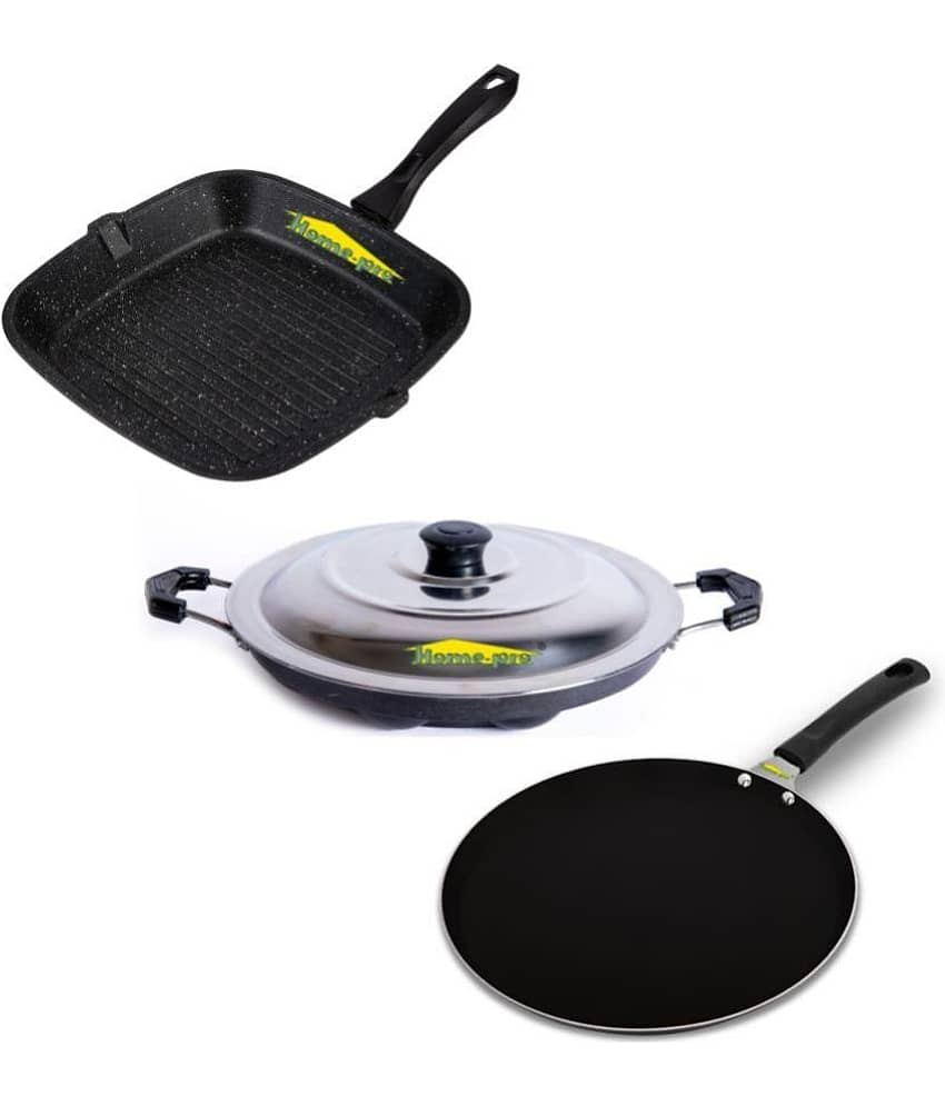 HomePro Non-Stick Set,Grill Pan 26 cm, Black Dosa Tawa 28 cm. Black Appam with Steel Lid 12 Cavity (Pack of 3) - Cookware | Buy online on ZillyBuy
