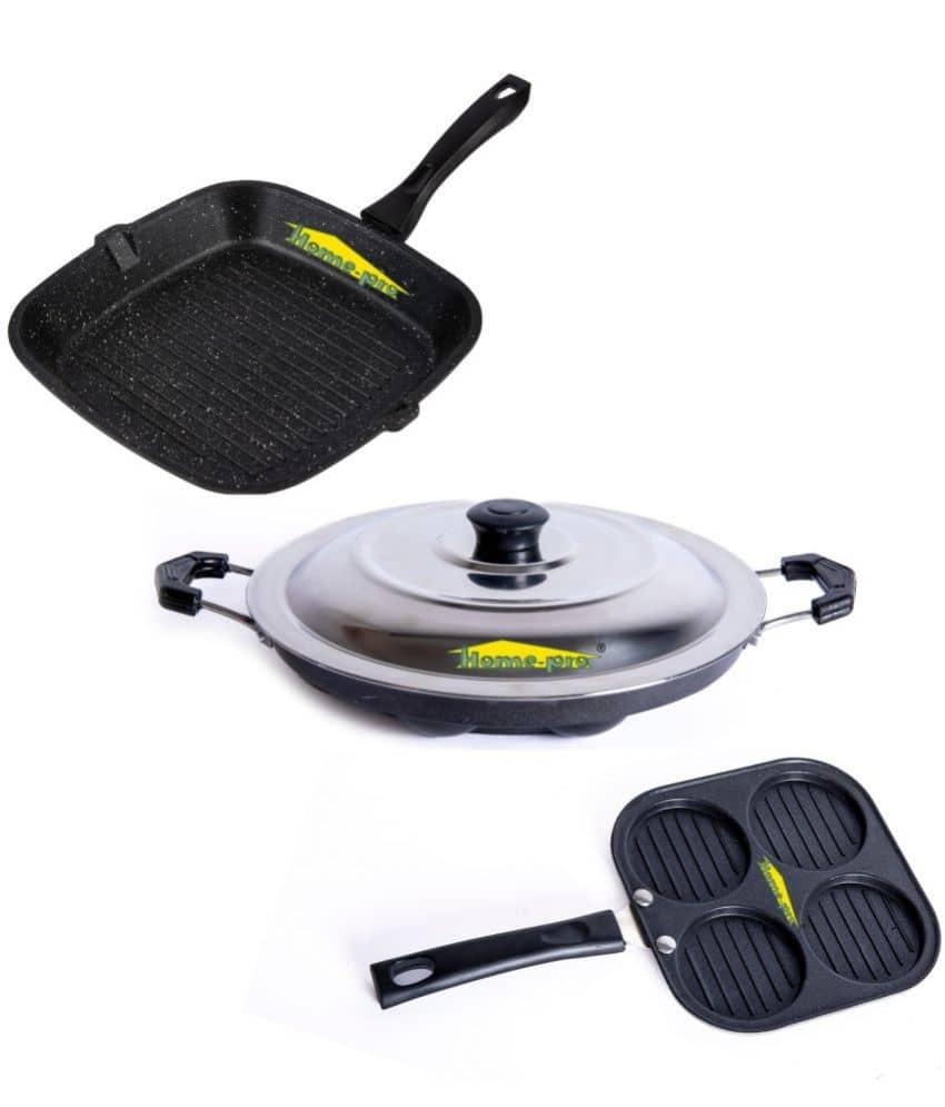 HomePro Non-Stick Set, Grill Pan 26 cm, Mini Uttapam 20 cm, Black Appam with Steel Lid 12 Cavity (Pack of 3) - Cookware | Buy online on ZillyBuy
