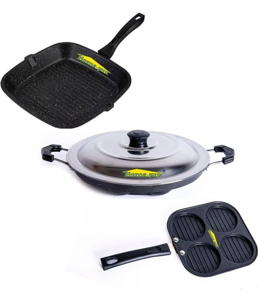 HomePro Non-Stick Set, Grill Pan 26 cm, Mini Uttapam 20 cm, Black Appam with Steel Lid 12 Cavity (Pack of 3) - Cookware | Buy online on ZillyBuy
