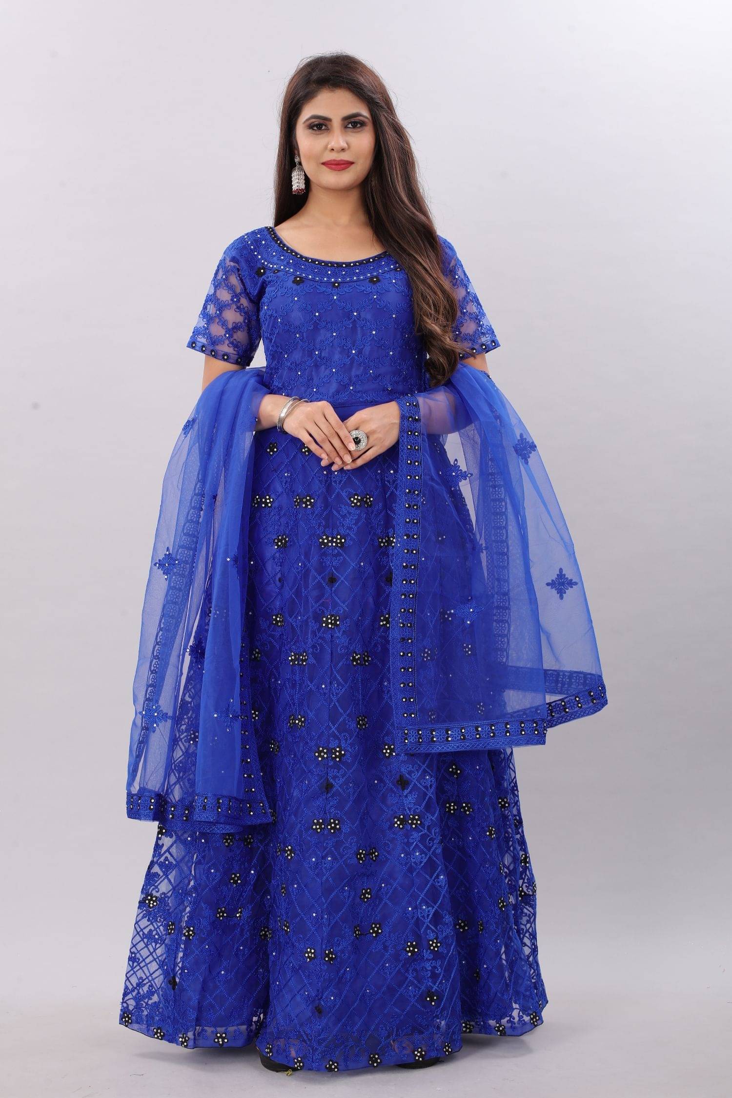 JULEE - Blue Flared Net Women's Semi Stitched Ethnic Gown ( Pack of 1 ) JULEE - Blue Flared Net Women's Semi Stitched Ethnic Gown ( Pack of 1 )